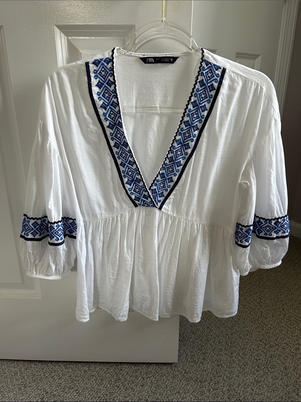 Zara White Peasant Top with Blue Embroidered V-Neck